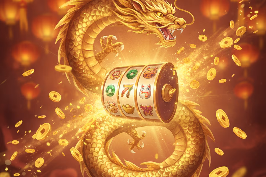 DaFu Slots key art: golden dragon coiling around a glowing reel