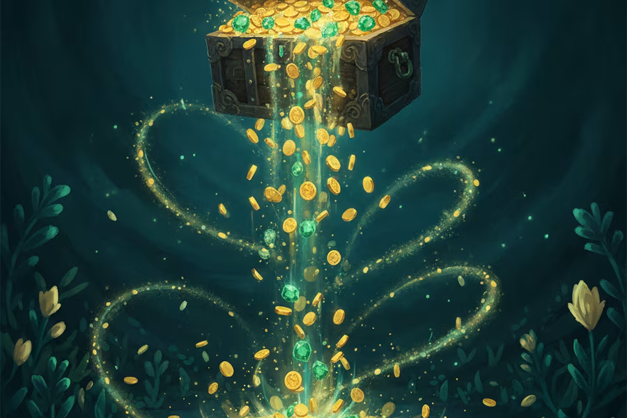 Cash Frenzy-style key art: treasure chest pouring golden coins and gems