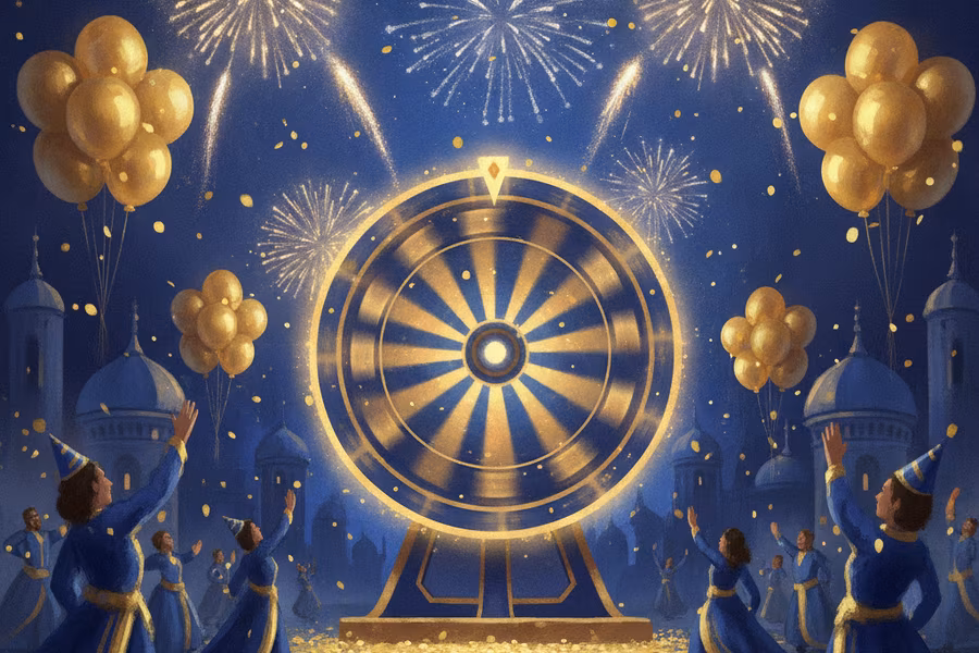 Jackpot Party-style key art: golden balloons, confetti and a glowing fortune wheel