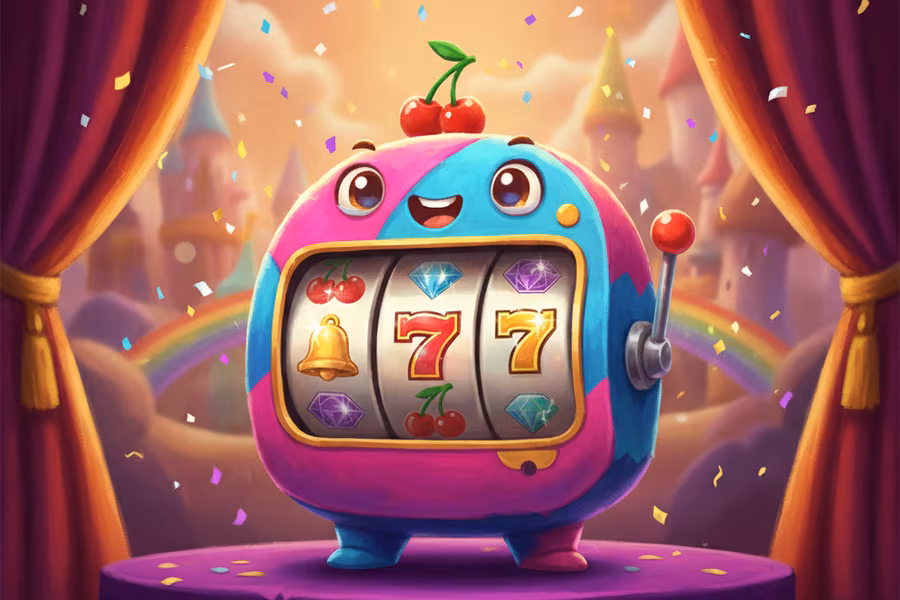 Slotomania-style key art: cartoon machine on a purple stage with confetti