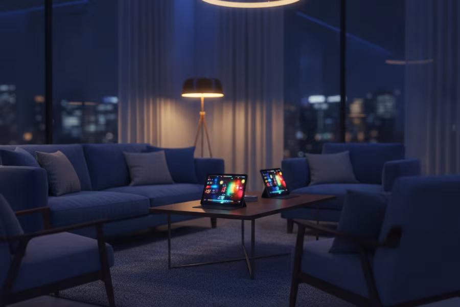 The team lounge at night: phones and a tablet showing colourful game screens
